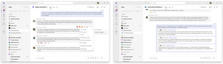 This image shows two screen shots side-by-side where Teams users can first select, then forward multiple messages.