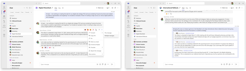 This image shows two screen shots side-by-side where Teams users can first select, then forward multiple messages.