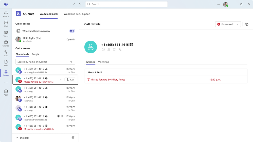 The Queues app call history page, showing shared call logs.