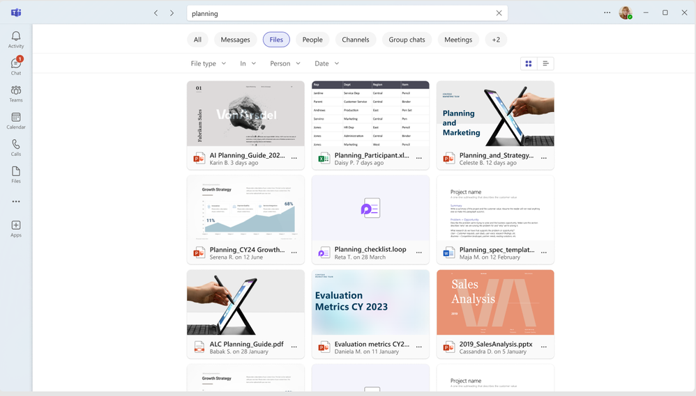 Microsoft Teams search results for the term “planning” in grid view.