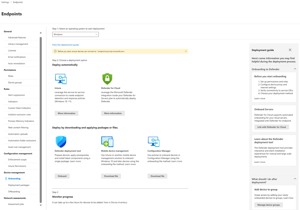 Screenshot of the new, streamlined onboarding page in the Defender portal