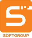 An orange corporate logo with white text that reads, SoftGroup