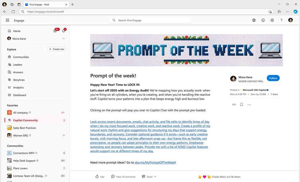 A suggested post in the Copilot Adoption Community titled "prompt of the week"