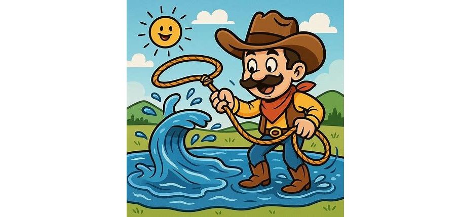 Image generated by Bing Image Creator using the prompt "Show a cartoon cowboy trying to wrangle a lake"