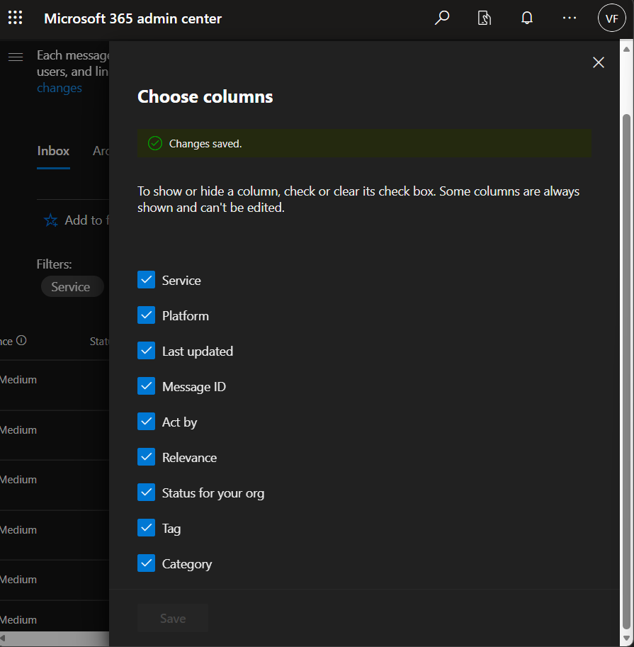 Screenshot of the flyout to Choose columns, showing a checklist of options