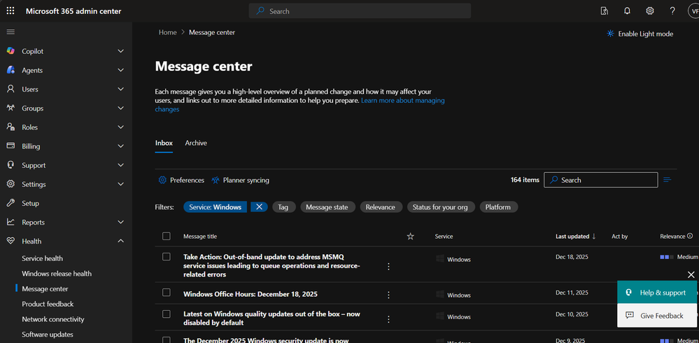 Screenshot of the Message center Inbox, focused on the Search field above the filters