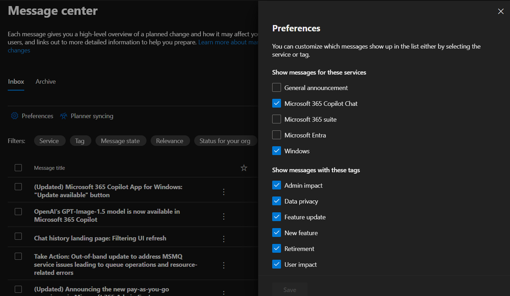 Screenshot of the Preferences pane in the Message center Inbox, offering a selection of services and tags.