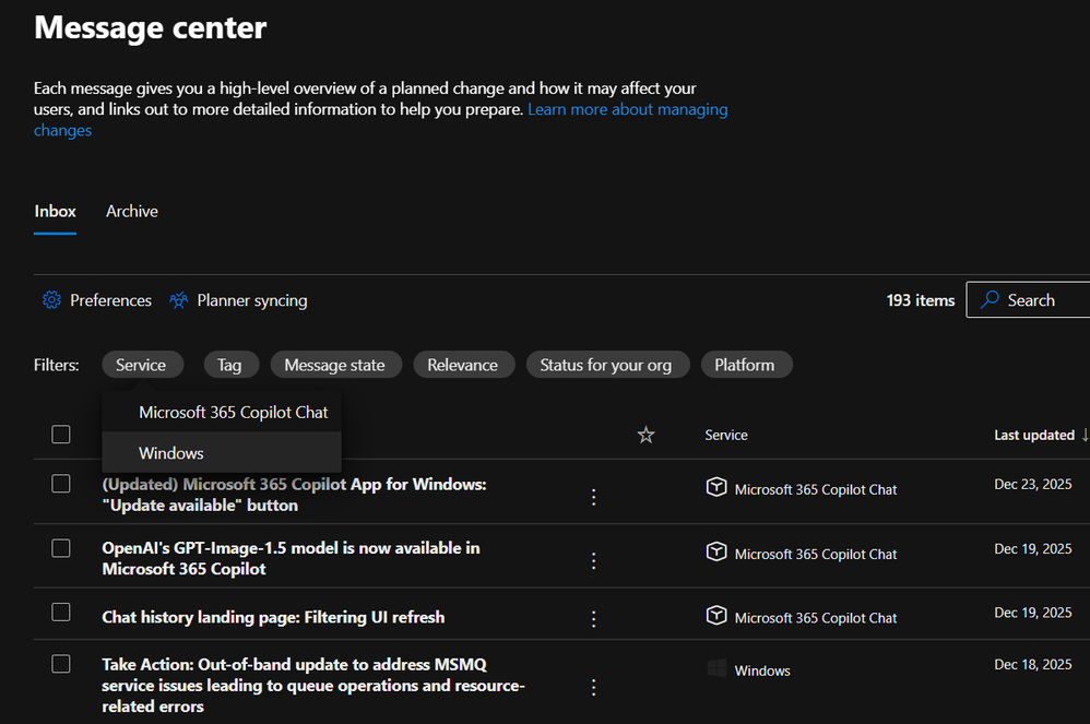 A drop-down menu under the Service filter shows Windows among the options.