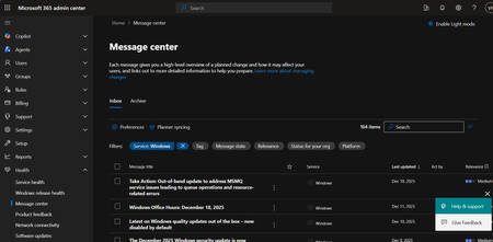 Screenshot of the Message center Inbox, showing a list of messages filtered to the Windows service