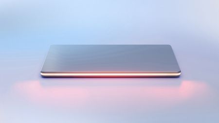 Windows 11 agnostic device render on a light background with the screen illuminated but device partially closed.