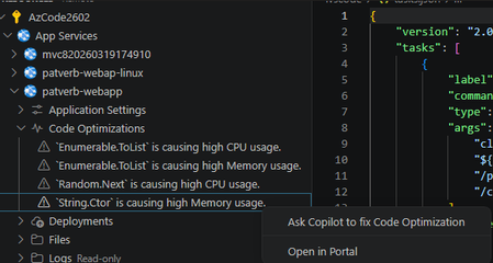 VS Code에서 Azure App Service용 코드 최적화 기능을 사용할 수 있습니다.