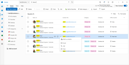 Outlook의 새로운 연락처 검색 환경: 더욱 스마트하고 빠르며 연결성이 강화되었습니다.