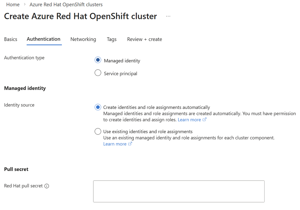 Authentication option of Managed Identity for Azure Red Hat OpenShift cluster creation on the Azure portal.