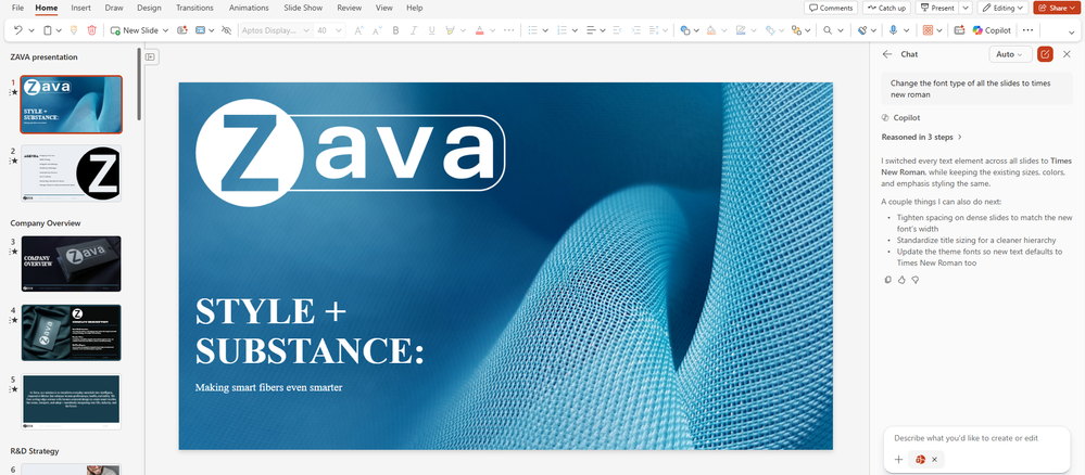 Copilot changing the font type across all the presentation
