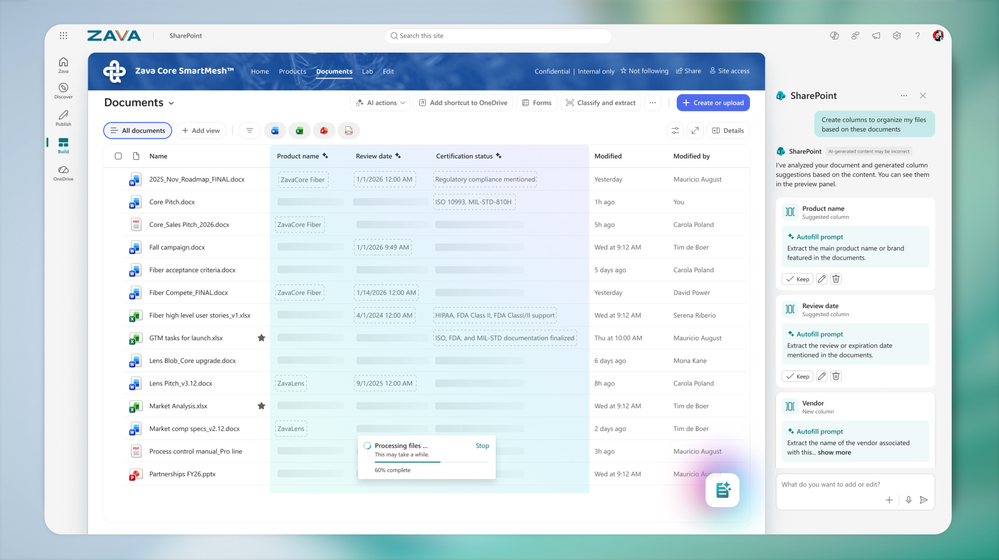 SharePoint document library with SharePoint Copilot open, showing AI suggestions for managing file metadata.