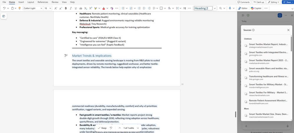 Copilot showing citations for a new section in the document.