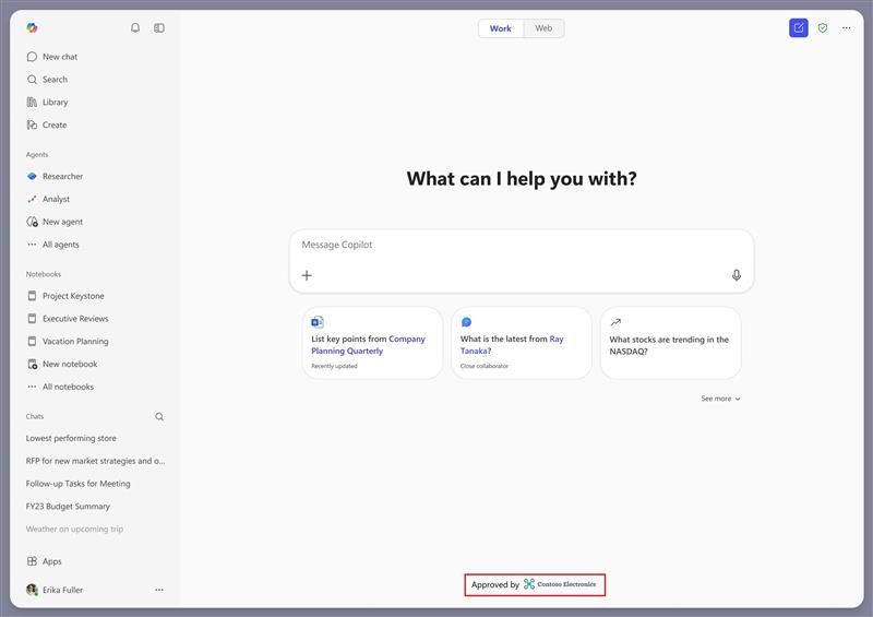 Screenshot of Microsoft 365 Copilot app with Contoso Electronics branded footer.