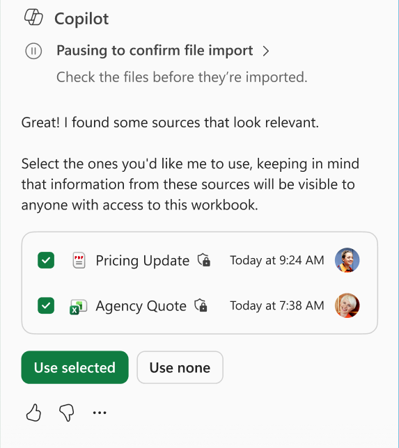 A Copilot chat showing that Copilot paused to confirm which files to import.