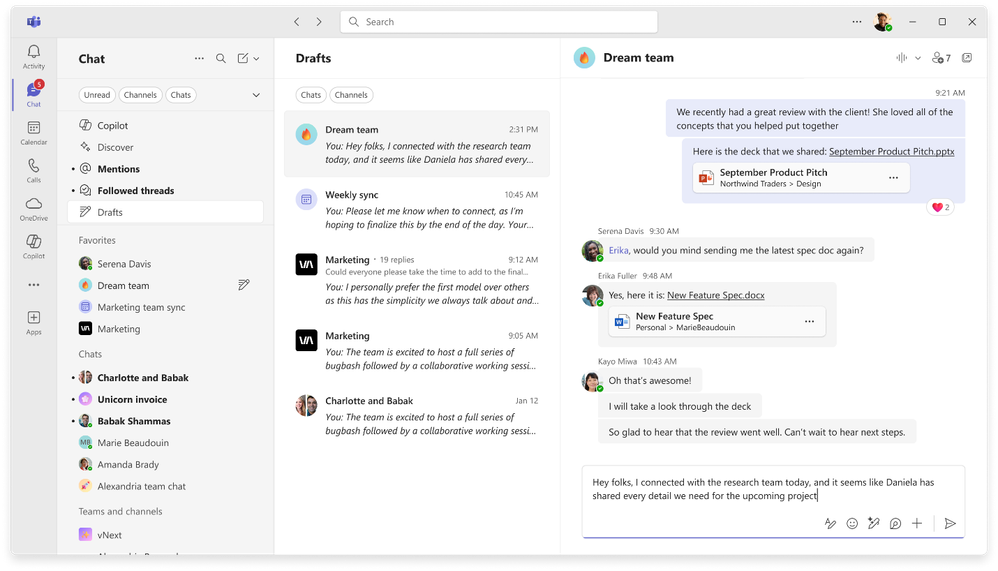 Drafts helps you easily locate, edit, and send in-progress messages in Teams.