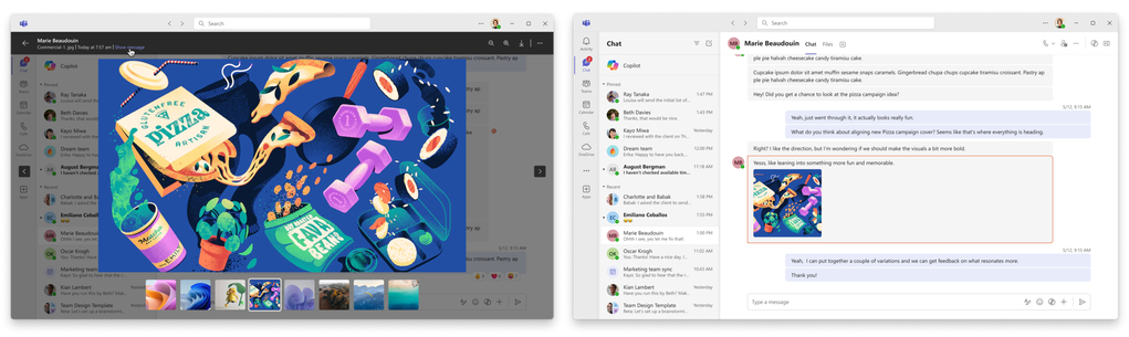 Picture one features an image within a carousel with the option to Show message associated with the featured image. Picture two shows the image within the context of the original message.