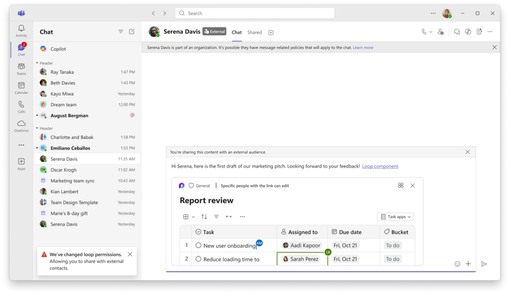 Files and Loop components shared in external chats are automatically shared with all participants.