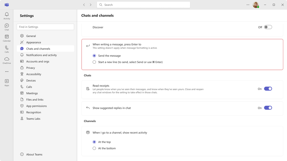 New Chats and channels setting lets you choose the action associated with “Enter”, either sending the message, or starting a new line.