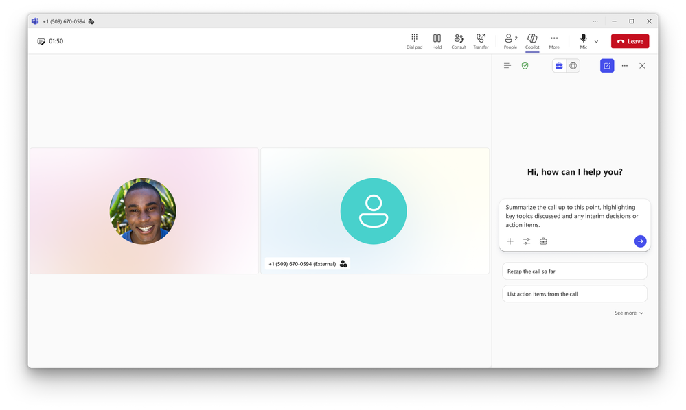 The Teams Phone screen, showing a prompt asking Copilot to summarize the call up to the current point.