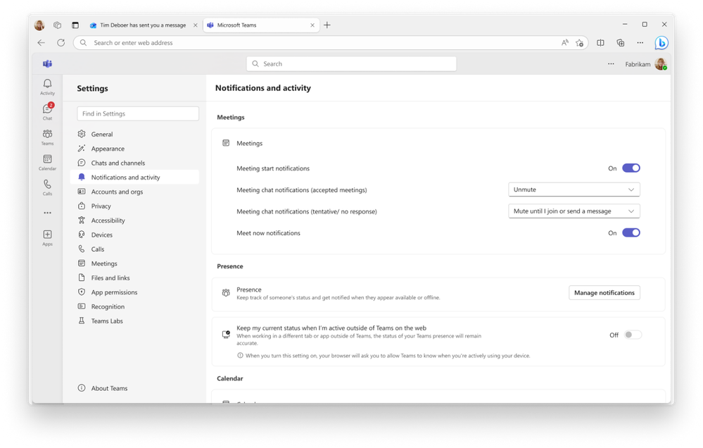 The Teams Notifications and activity settings page, showing how to activate the ability to keep your status set to “active” when outside of Teams on the web.