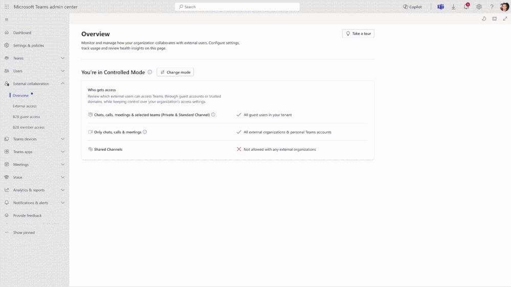 New Teams admin center options make it easy to apply external collaboration settings.