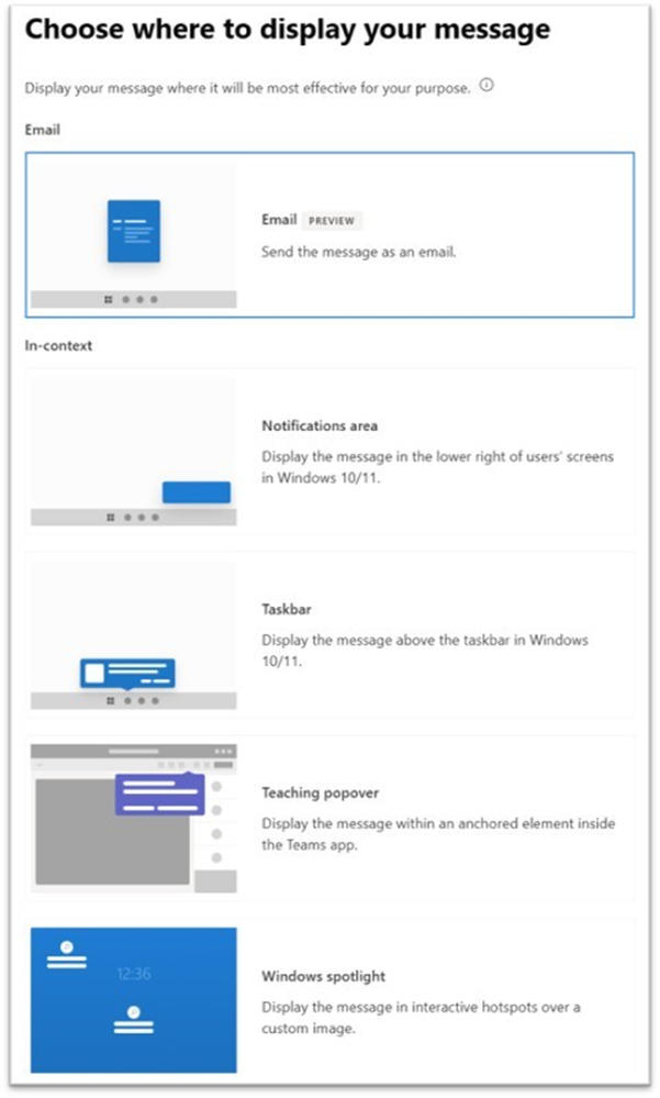 an image showing email as an option for Organizational message display option