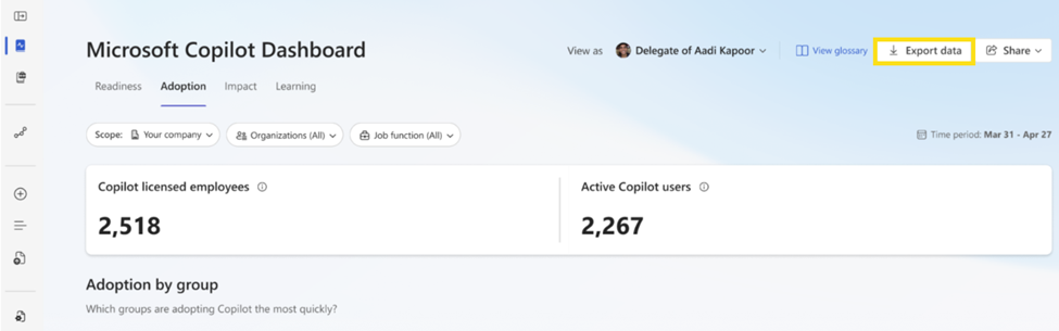 Copilot Dashboard export option with downloadable CSV of de-identified metrics.