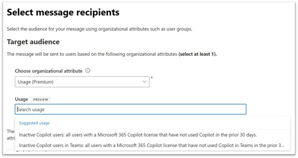 an image showing Organizational message audience targeting based on product usage