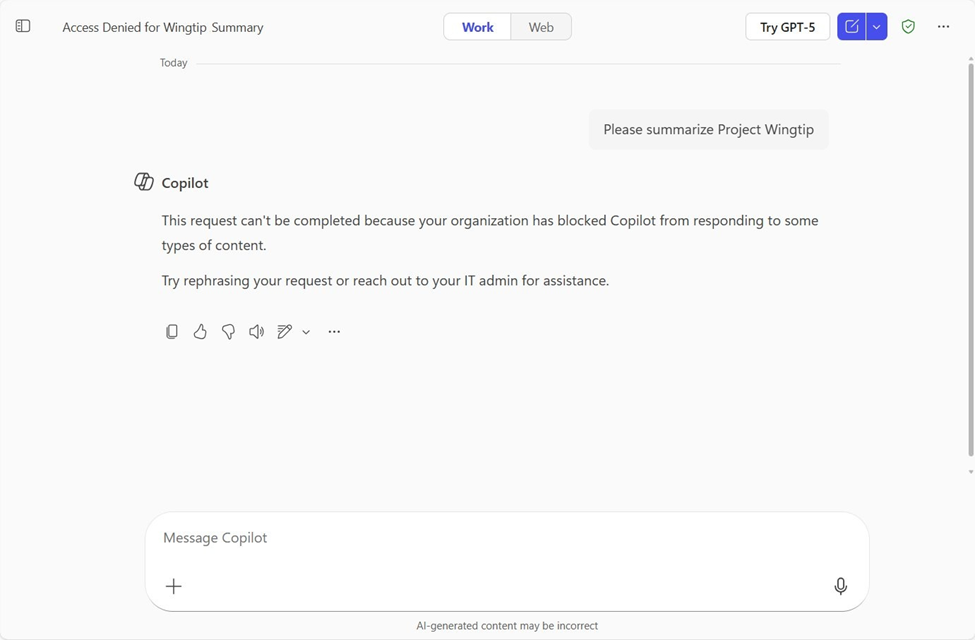 Microsoft Purview Data Loss Prevention for Microsoft 365 Copilot to safeguard prompts blocking responses to questions around Project Wingtip, as Project Wingtip is on the organization’s sensitive information block list