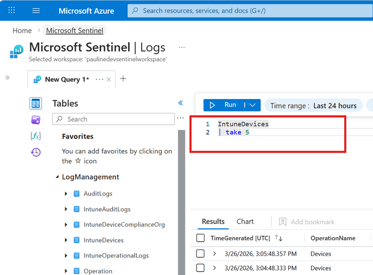 Microsoft Sentinel in the Azure Portal - Sentinel logs query.