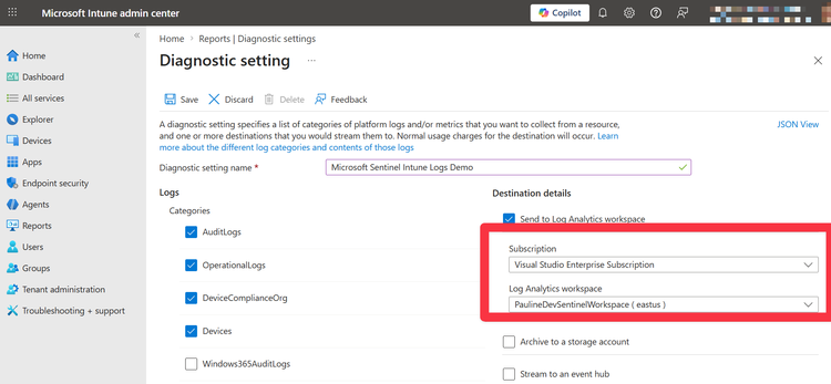 Microsoft Intune Diagnostics settings page - Destination details.