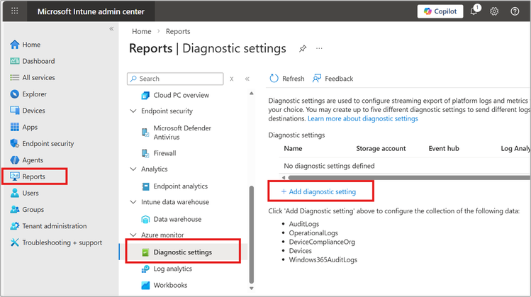 Microsoft Intune Diagnostics settings page – Add diagnostic settings.