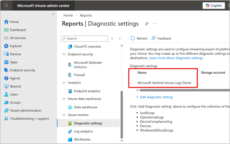 Microsoft Intune Diagnostics settings page – Saved Diagnostic settings.