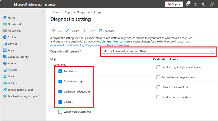 Microsoft Intune Diagnostics settings page – Log categories.