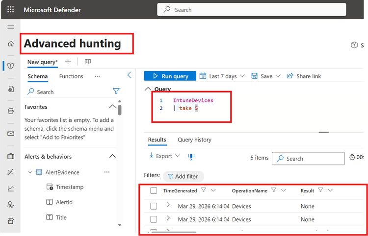 Microsoft Sentinel in the Microsoft Defender Portal - Advanced hunting query.