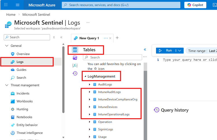 Microsoft Sentinel in Azure Portal – Tables