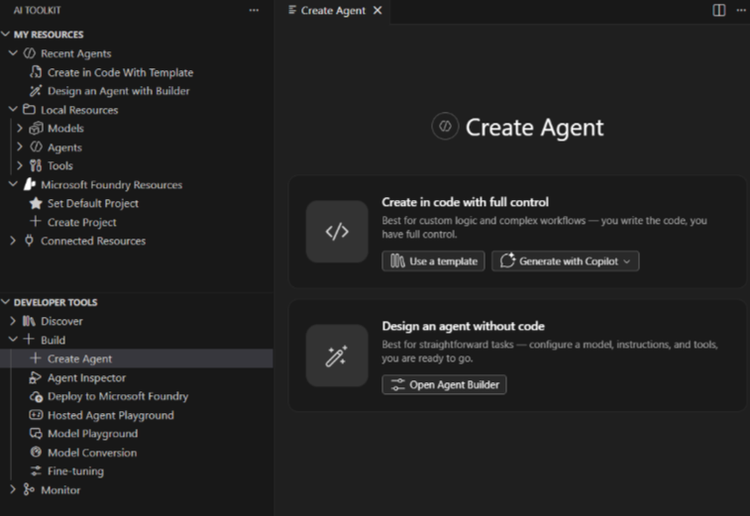 Interface do AI Toolkit para VS Code