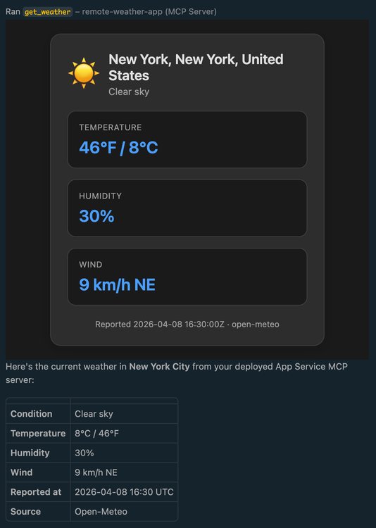 Weather widget MCP App rendering inline in VS Code Copilot Chat