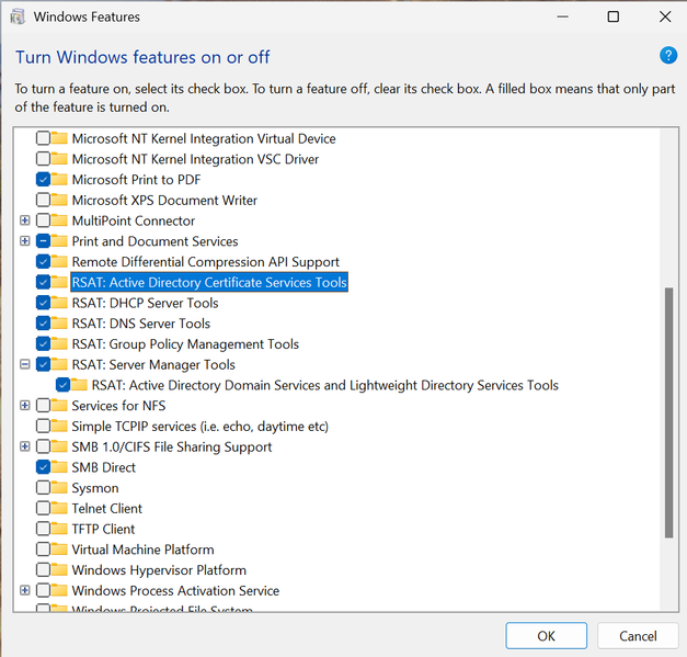 Screenshot of the Windows Features dialog, showing a checklist to Turn Windows features on or off