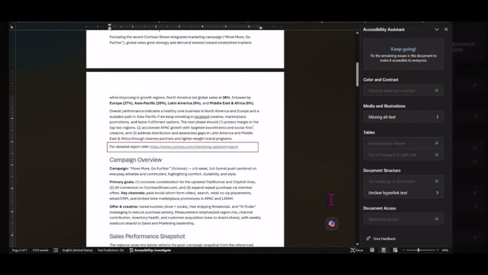 Moving image reflects the Unclear hyperlink text feature in Accessibility Assistant in Microsoft Word.