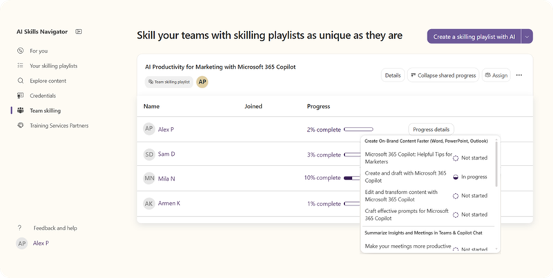 View how your team is progressing through the skilling playlist