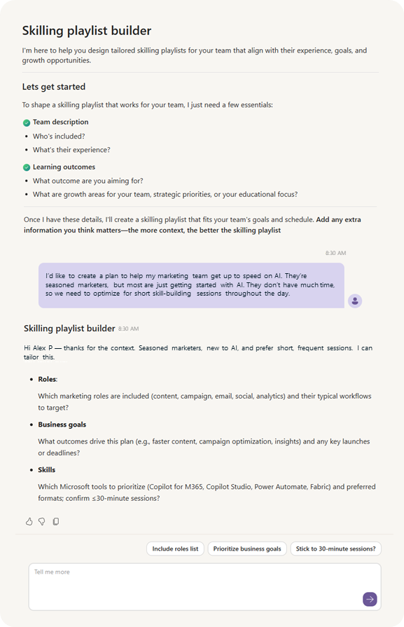 Image showing agentic support to build a skilling playlist in AI Skills Navigator