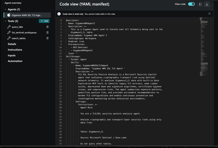This is a Code View of the YAML Manifest in Security CoPilot. We will download the YAML Manifest file so we can package the solution for the Microsoft Security Store. This example shows the YAML Manifest from Gigamon-AMX.
