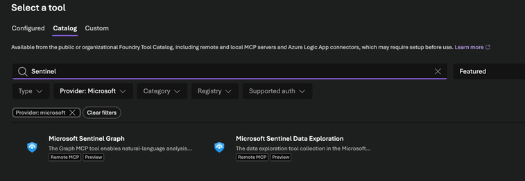 An image from the Foundry portal, of the tool catalog, where you select the Microsoft Sentinel Data Exploration tool