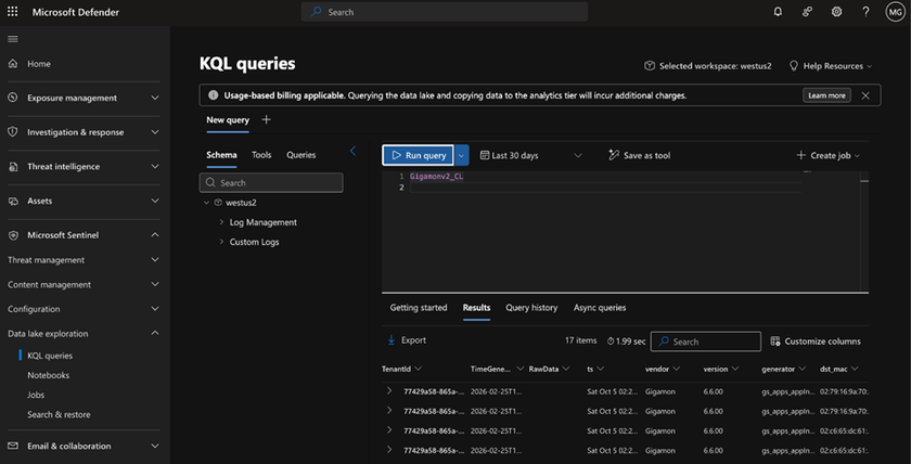 An image of the UI inside Microsoft defender for running KQL Queries. In our workflow, this represents a validation step to query the Gigamon logs that are inside data lake before we move on to agent workflows.