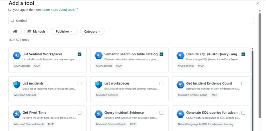 Image of the Add a Tool UI in Security Copilot where you will select the relevant MCP server tools like Execute KQL to assist in turning natural language instructions to complex queries